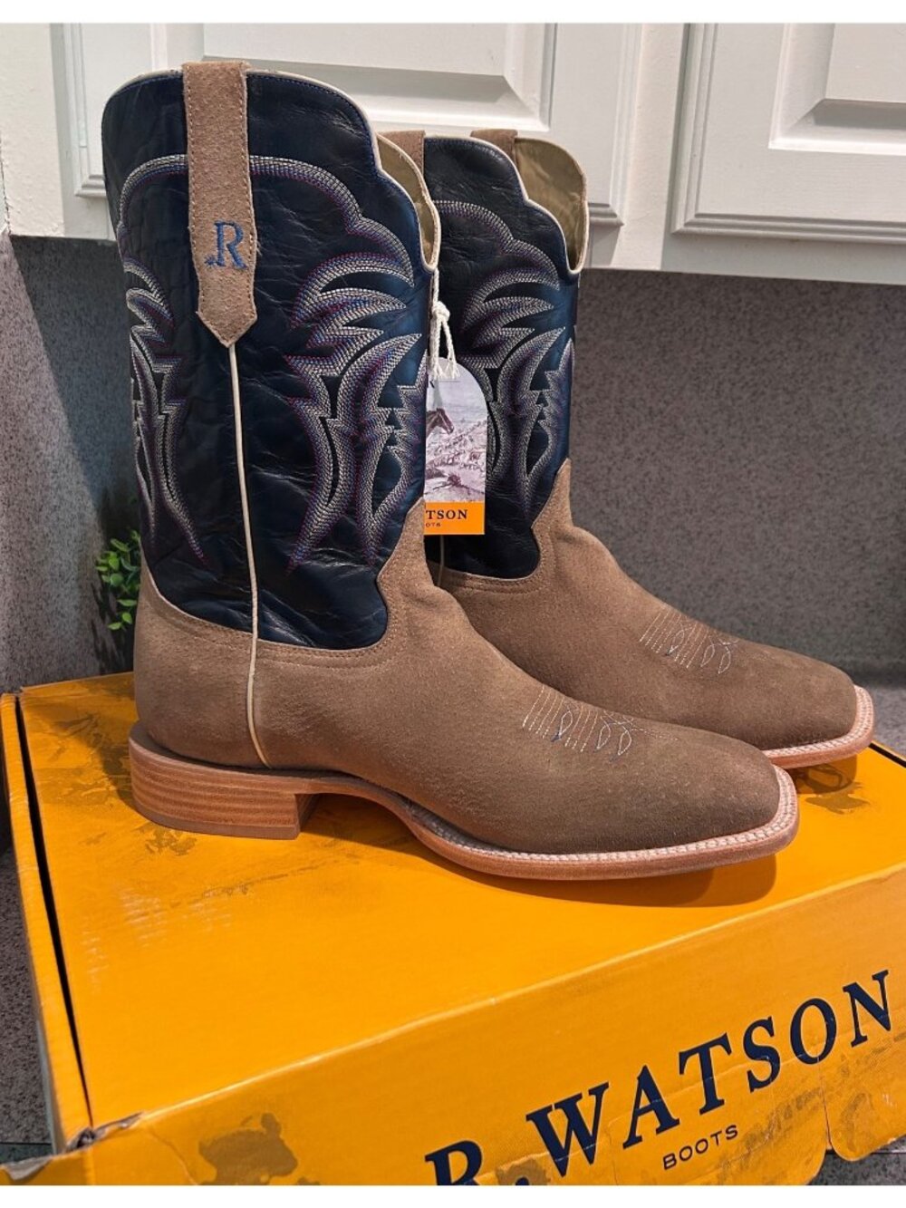 R. Watson Mens Western Boots Size 15D Brown Blue Cowhide Leather Square Toe